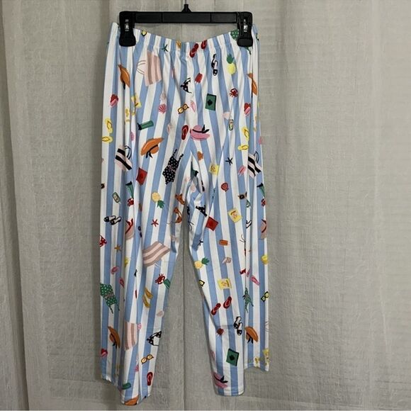 kate spade S White Aqua Blue Vertical Stripe Beach Themed Top Crop Pants PJ Set - Picture 9 of 11